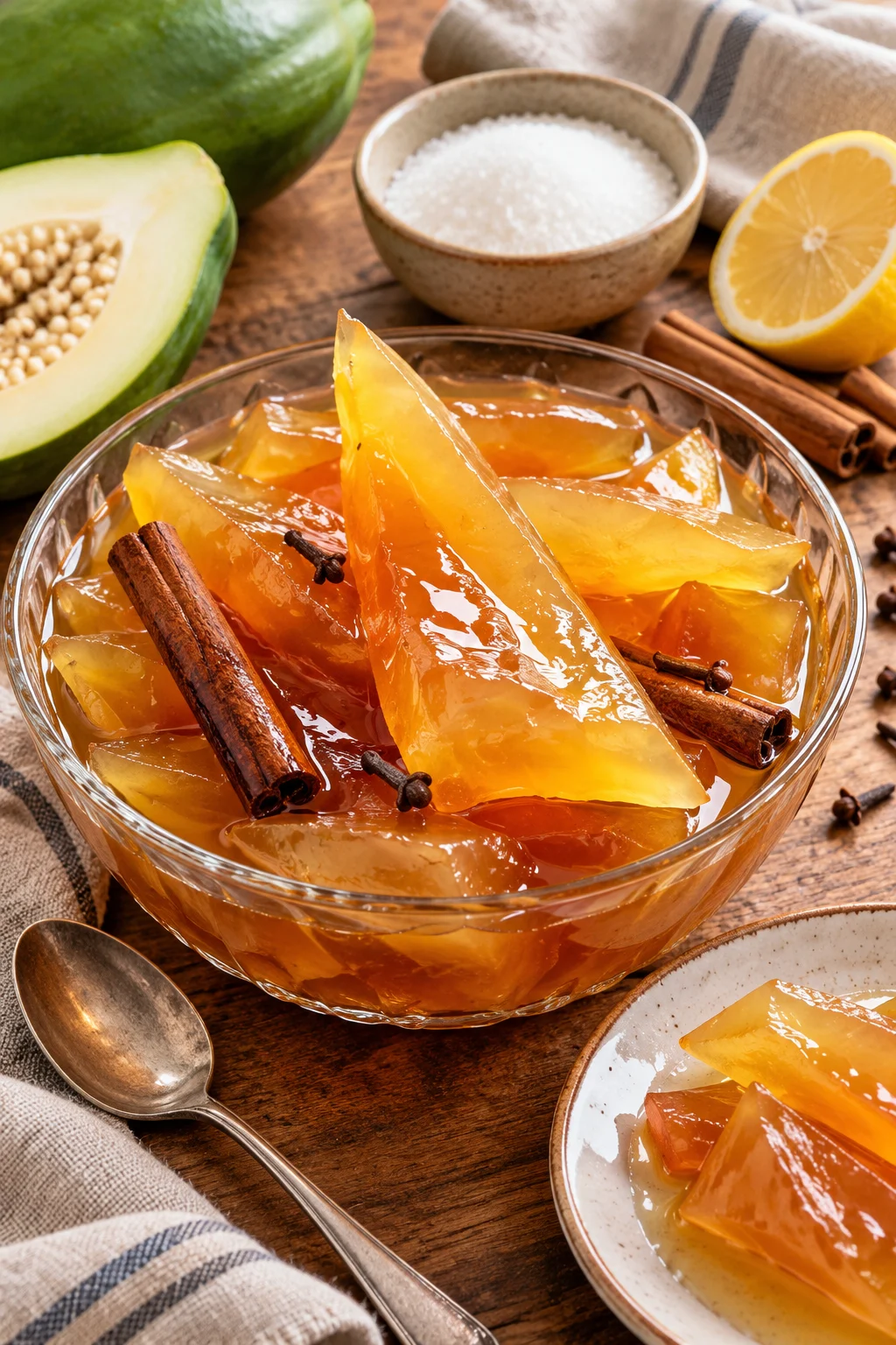 Dulce de mamón con mamón verde, azúcar y especias