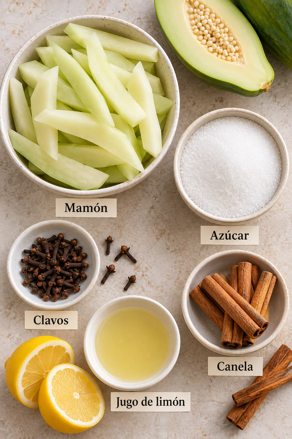 Ingredientes etiquetados para dulce de mamón