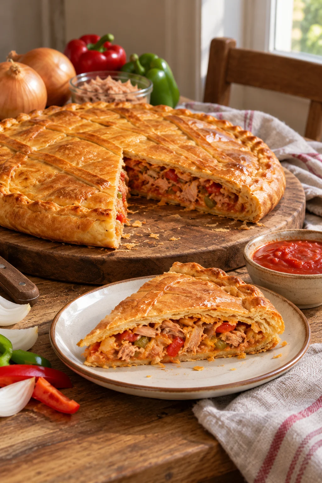 Empanada de bonito con pimientos del piquillo con masa casera: Porción de empanada de bonito con pimientos del piquillo, mostrando su textura jugosa