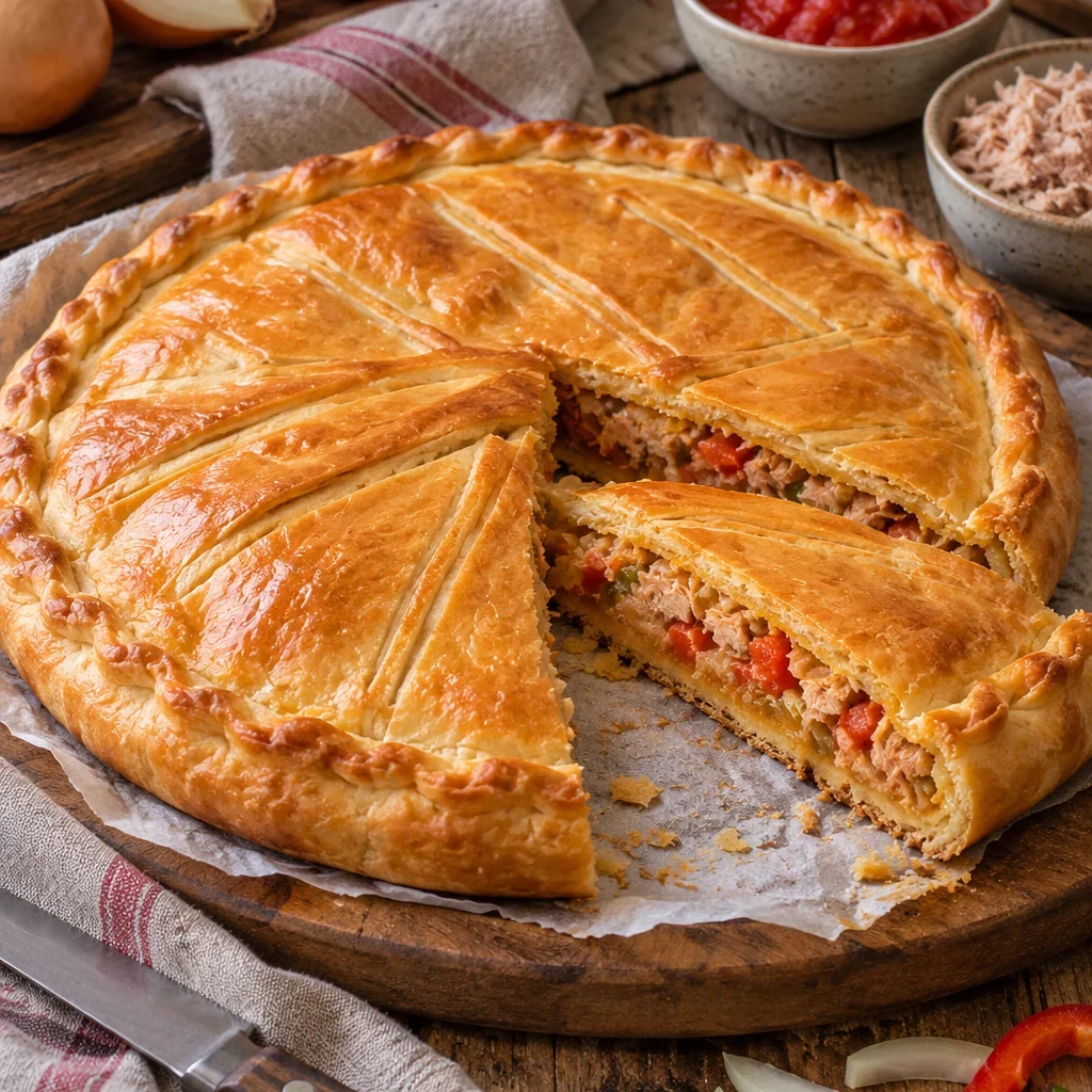 Empanada de bonito con pimientos del piquillo con masa casera, dorada y apetecible.