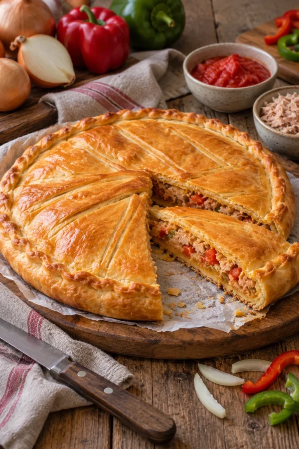 Empanada de bonito con pimientos del piquillo con masa casera, dorada y apetecible.