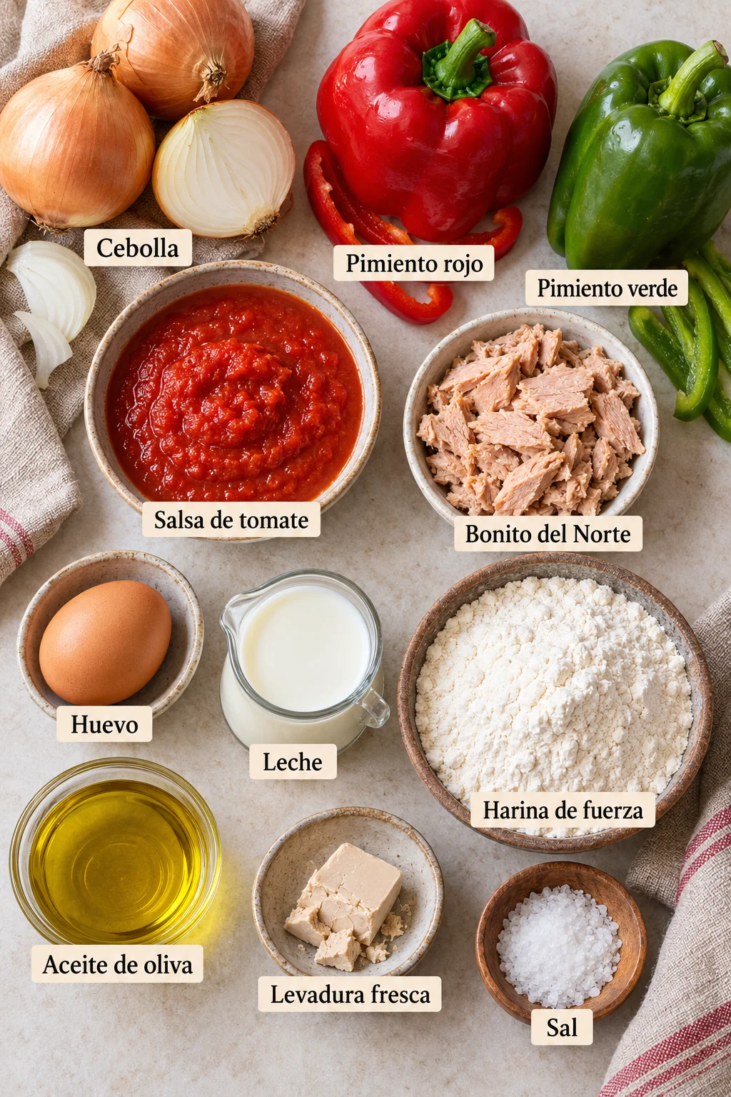 Ingredientes etiquetados para empanada de bonito con pimientos del piquillo con masa casera.