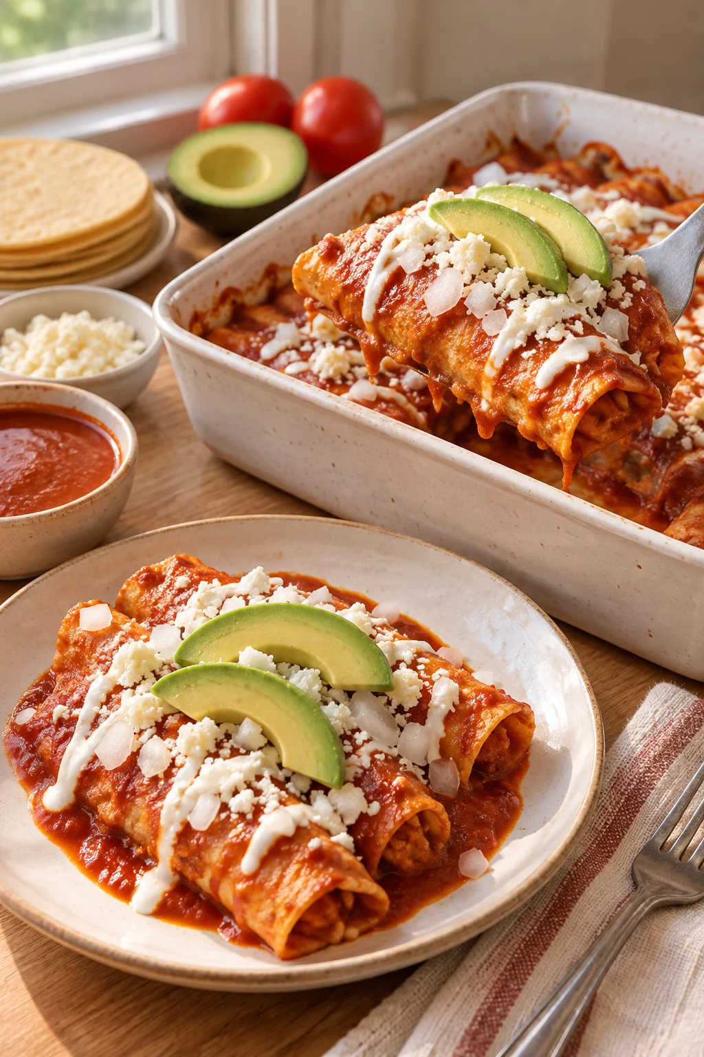 Enchiladas rojas servidas en un plato con crema y aguacate