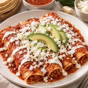 Enchiladas rojas con crema, queso cotija y aguacate