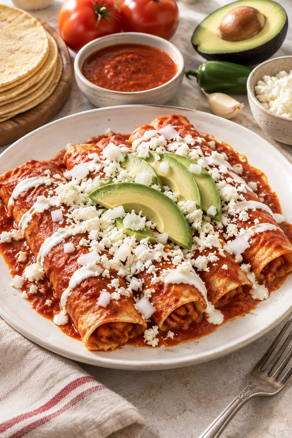 Enchiladas rojas con crema, queso cotija y aguacate