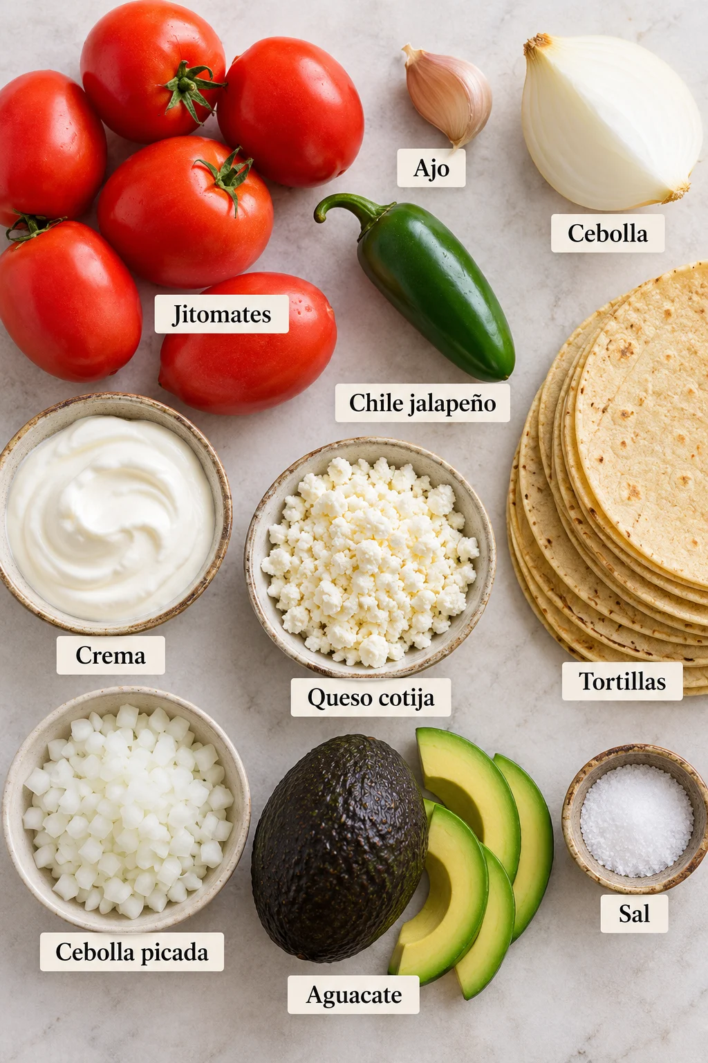 Ingredientes etiquetados para enchiladas rojas