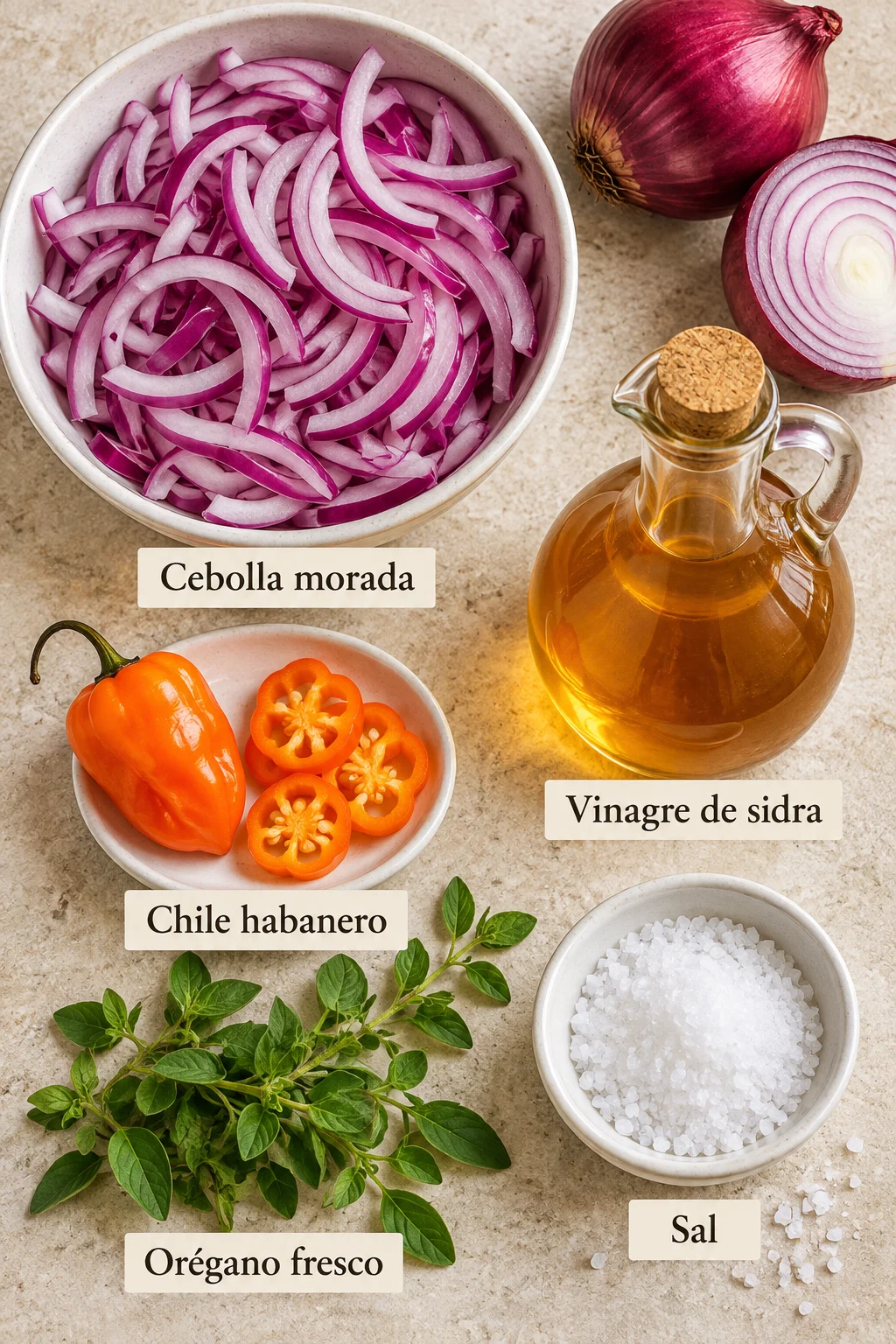 Ingredientes etiquetados para encurtido de cebolla morada y habañero