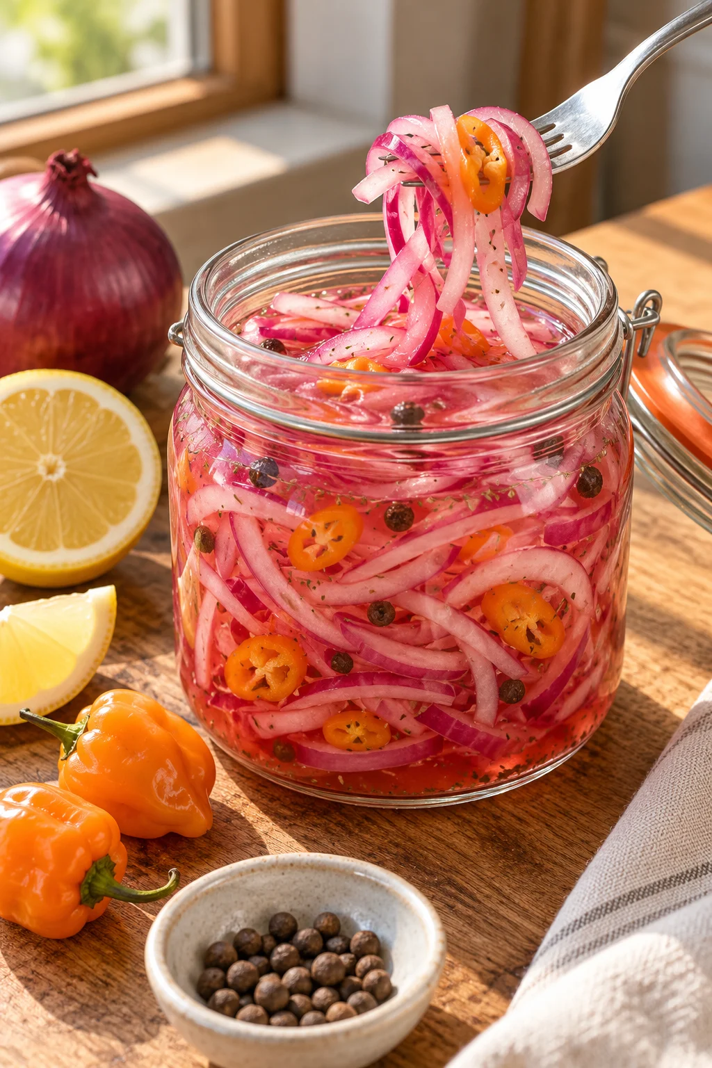 Encurtido de cebolla morado y habanero servido en un plato