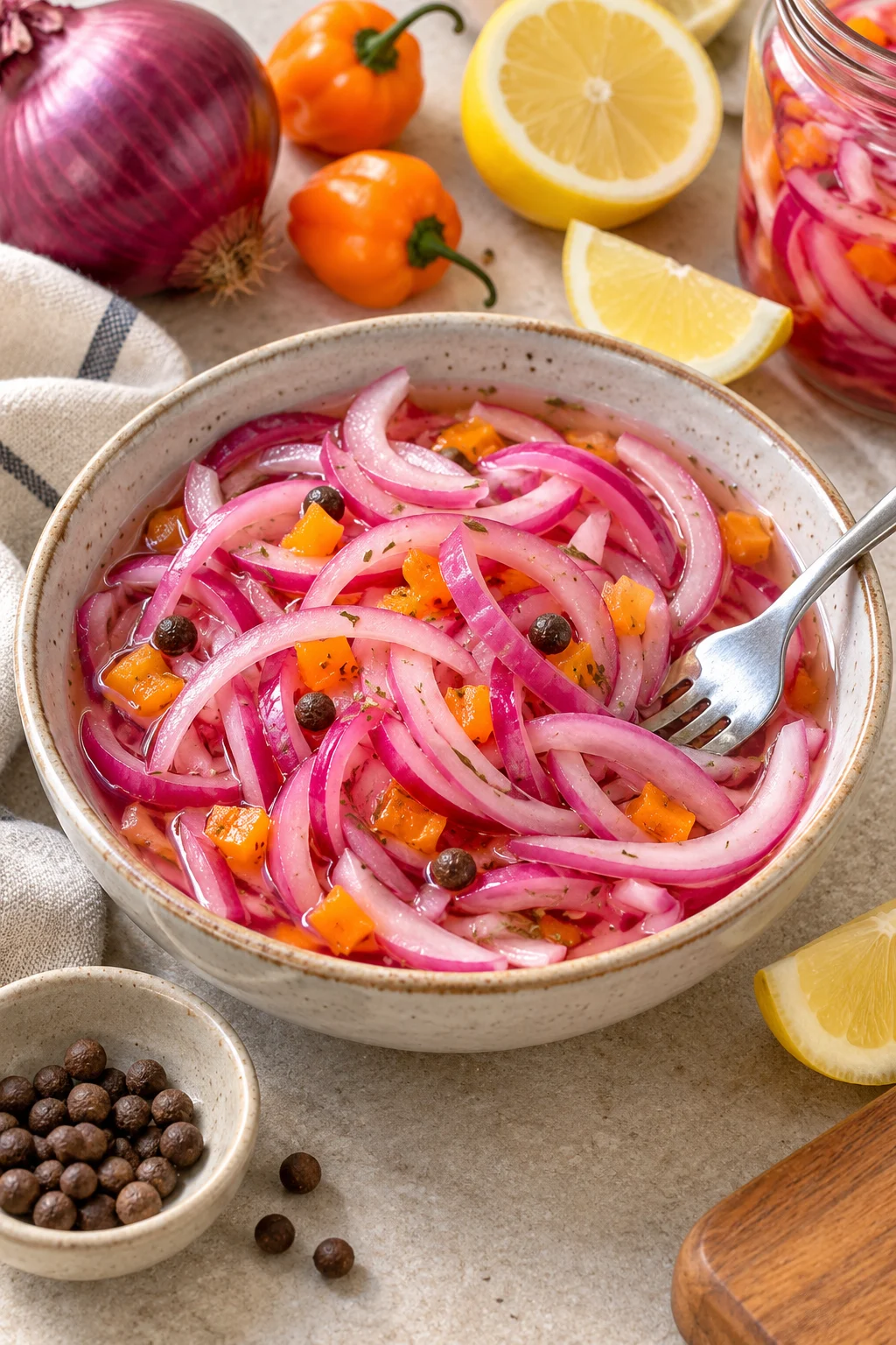 Encurtido de cebolla morado y habanero en un tazón