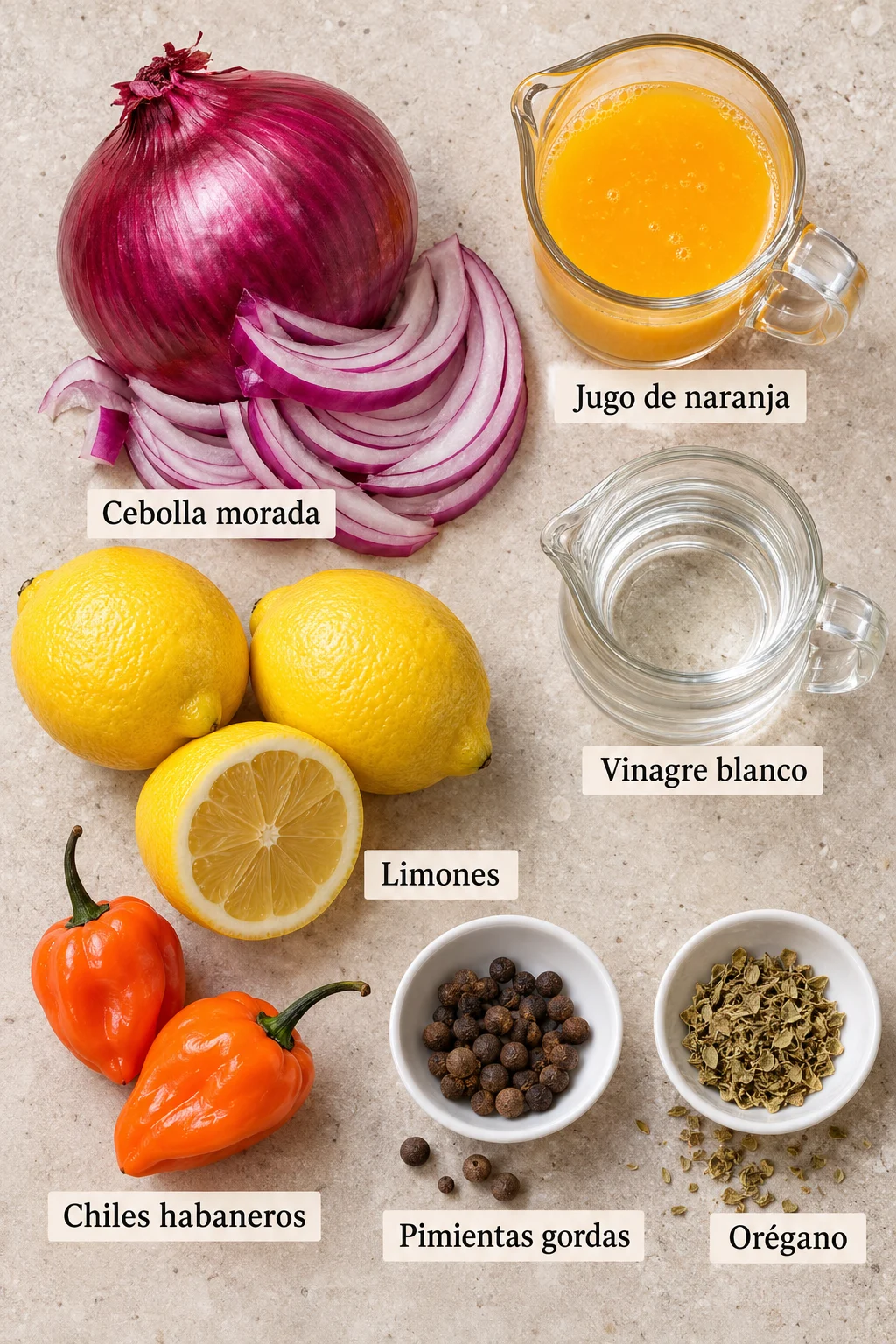 Ingredientes etiquetados para encurtido de cebolla morado y habanero