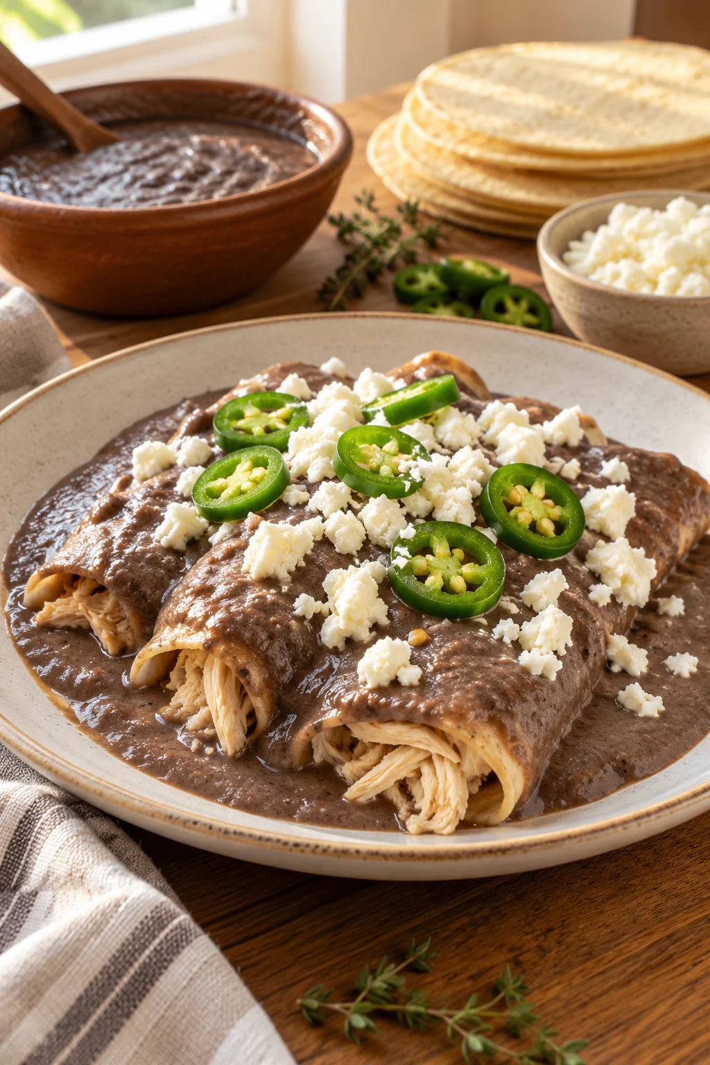 Enfrijoladas tradicionales de pollo servidas en la mesa