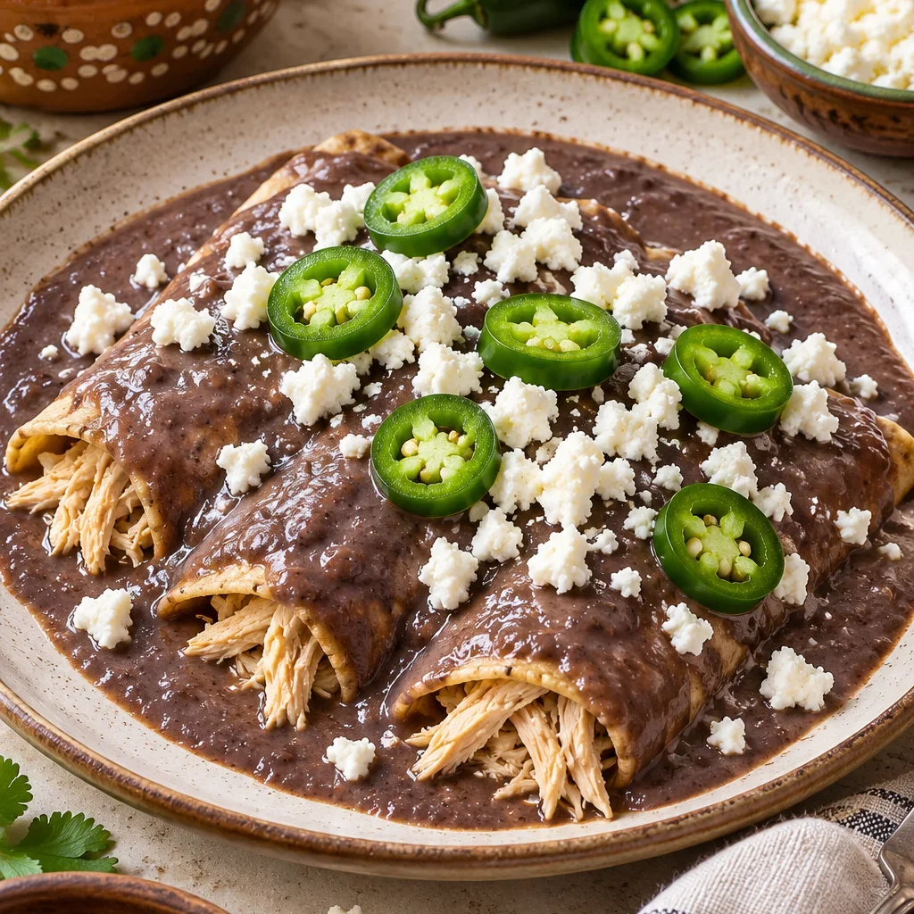 Enfrijoladas tradicionales de pollo con pollo desmenuzado y queso fresco