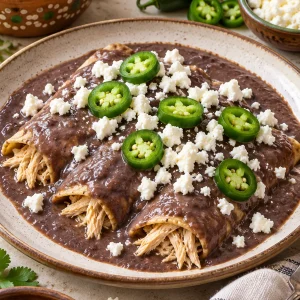 Enfrijoladas tradicionales de pollo con pollo desmenuzado y queso fresco