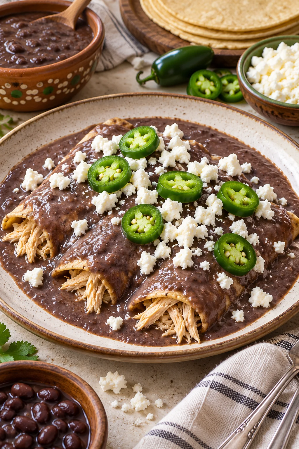 Enfrijoladas tradicionales de pollo con pollo desmenuzado y queso fresco