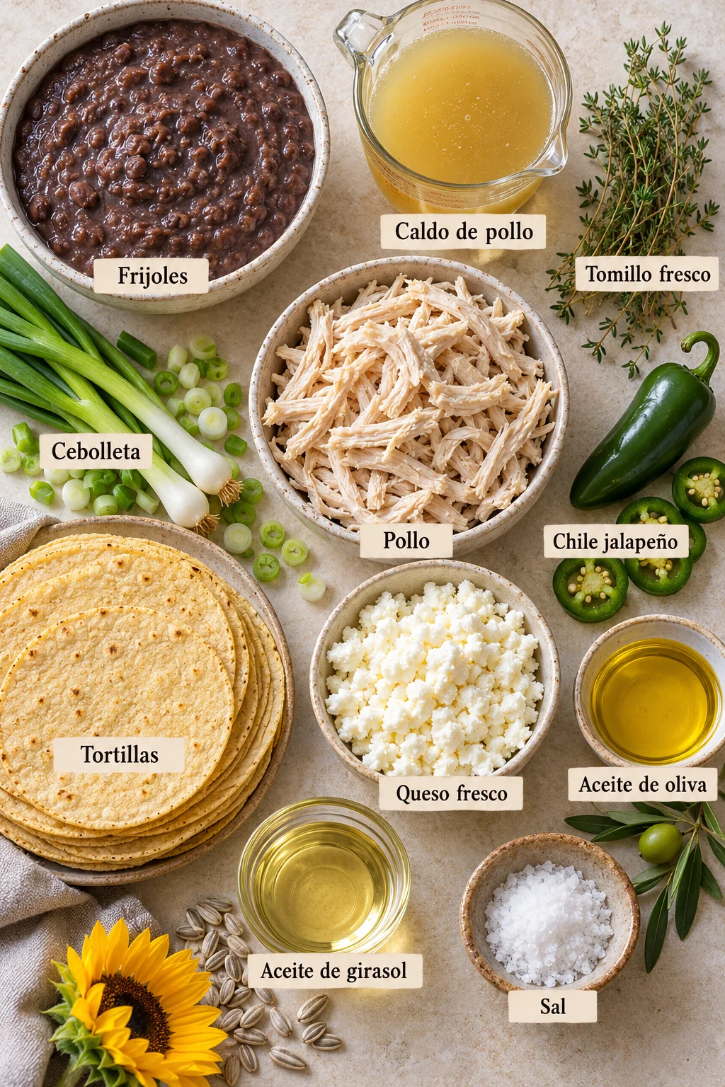 Ingredientes etiquetados para enfrijoladas tradicionales de pollo