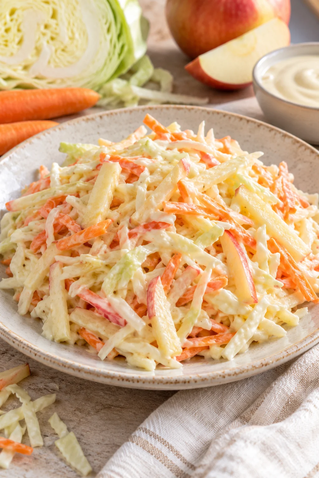 Porción de ensalada americana de col y manzana servida