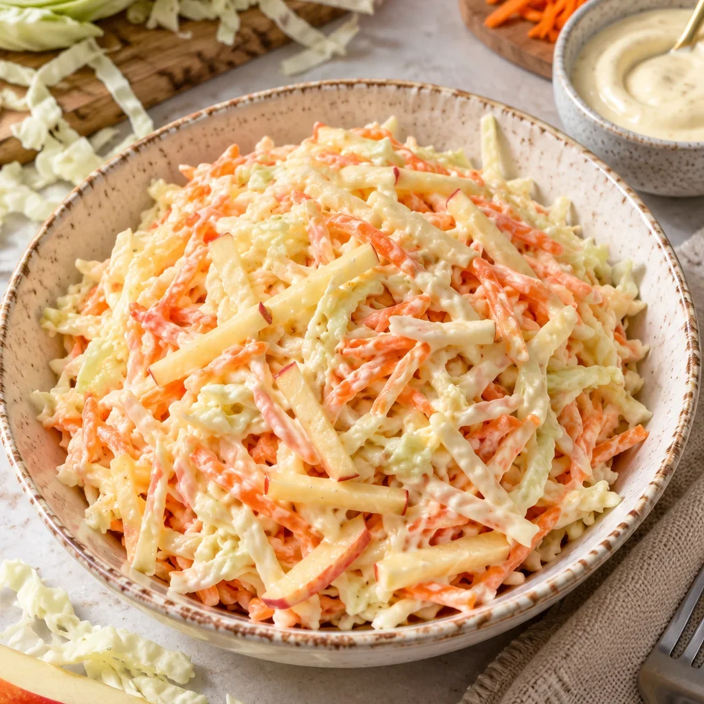 Ensalada americana de col y manzana con zanahorias y manzana