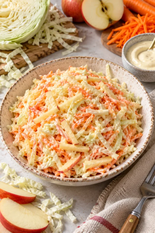 Ensalada americana de col y manzana con zanahorias y manzana