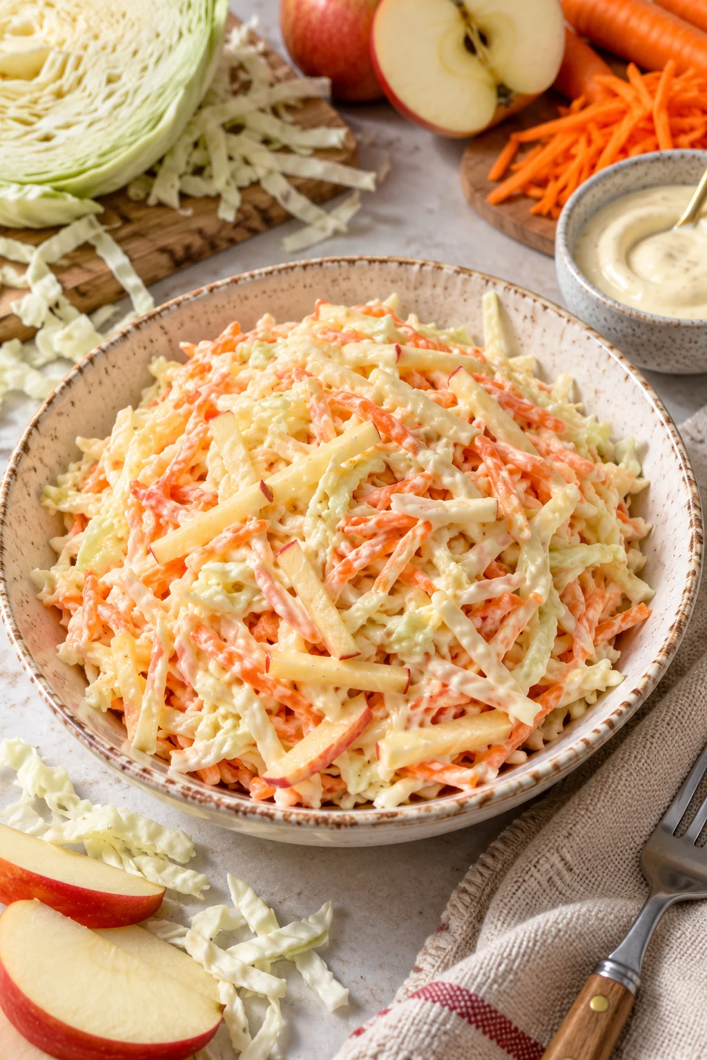 Ensalada americana de col y manzana con zanahorias y manzana