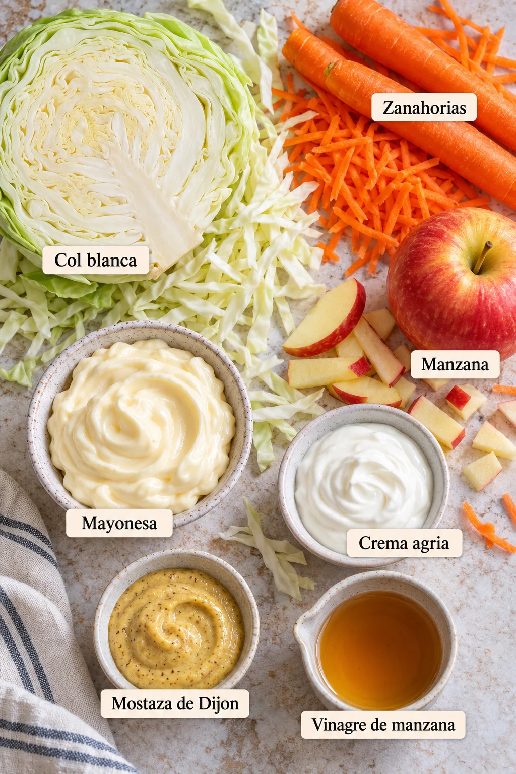Ingredientes etiquetados para ensalada americana de col y manzana
