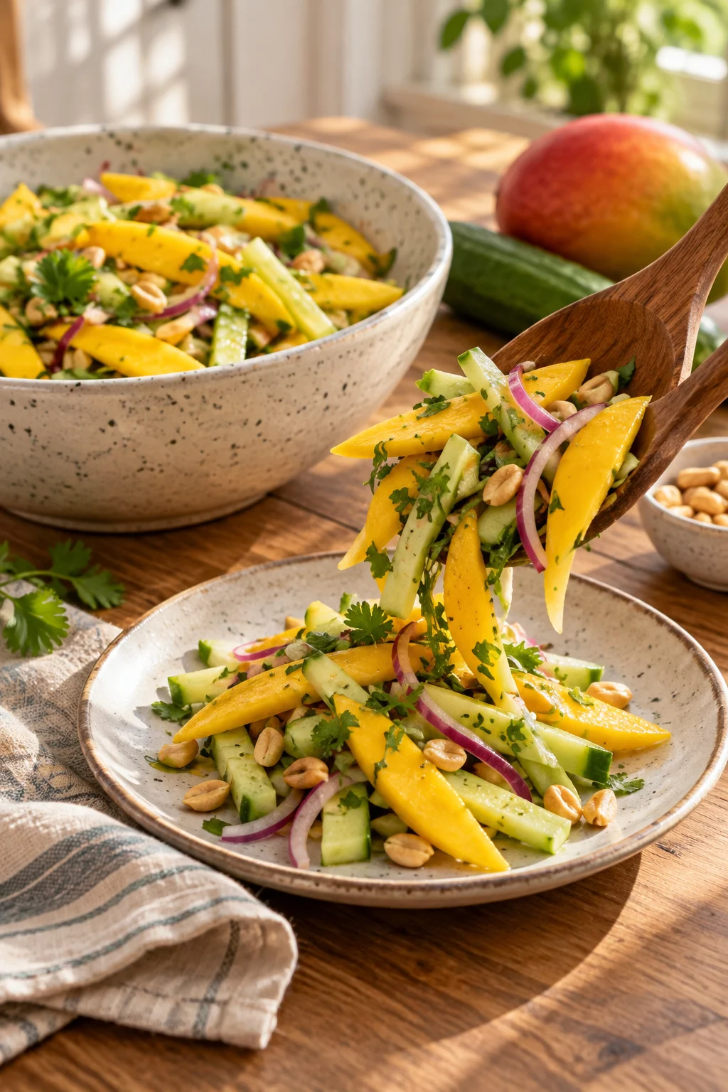 Ensalada de mango picante servida en un plato con colores vibrantes.