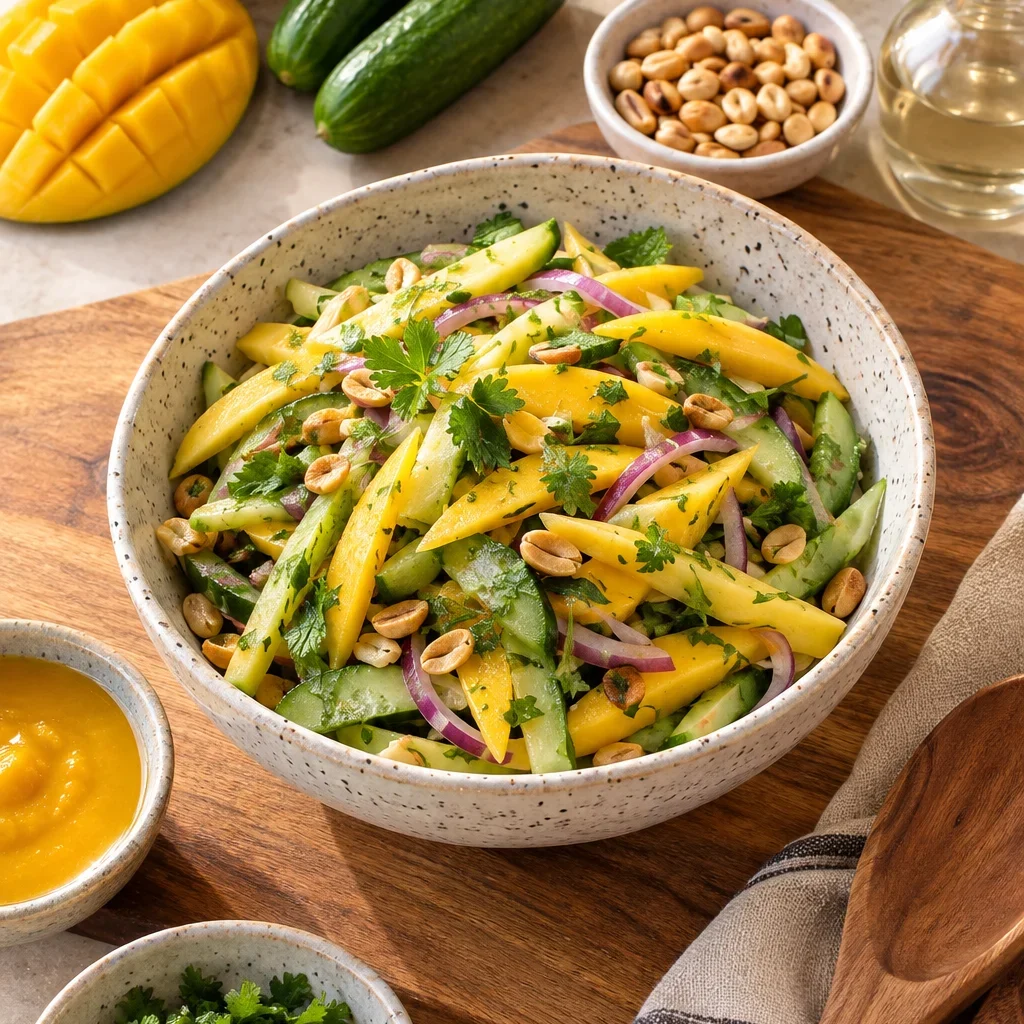 Ensalada de mango picante con tiras de mango, pepino, cebolla morada, cacahuates, cilantro y menta en un cuenco
