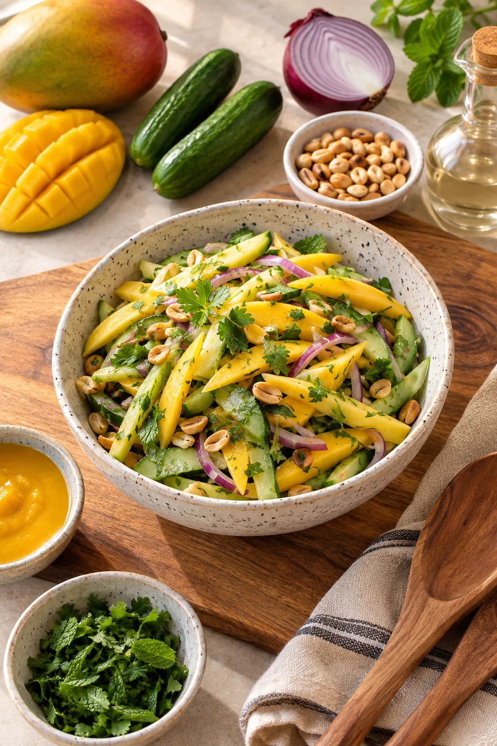 Ensalada de mango picante con mango, cebolla roja, pepinos y cacahuates.