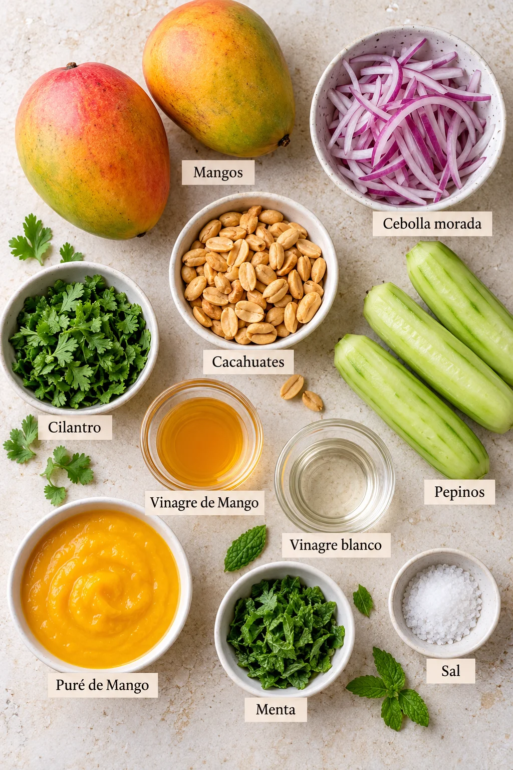 Ingredientes etiquetados para ensalada de mango picante.