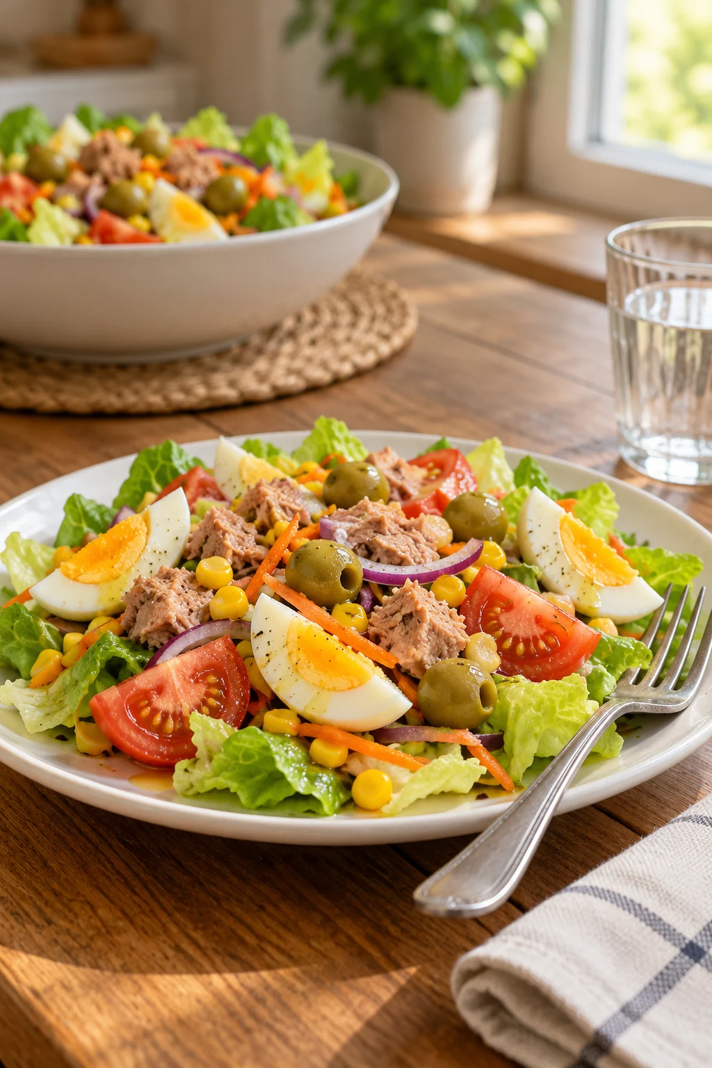 Porción de ensalada mixta con ingredientes frescos y aliño