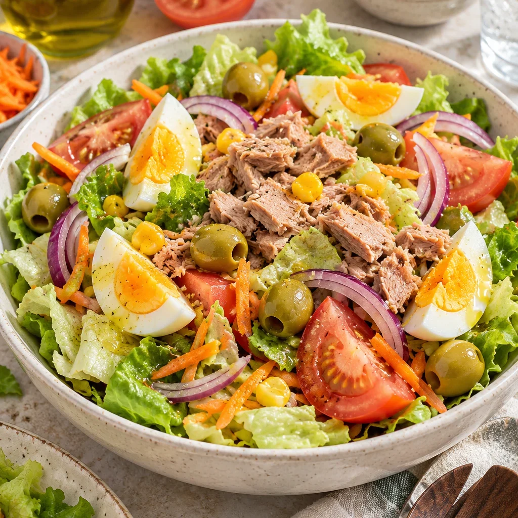 Ensalada mixta fresca con lechuga, tomate, huevo y atún