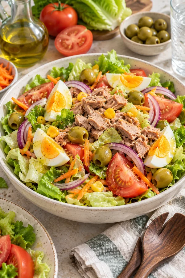 Ensalada mixta fresca con lechuga, tomate, huevo y atún
