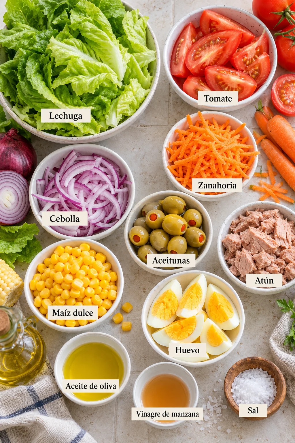 Ingredientes etiquetados para ensalada mixta clásica