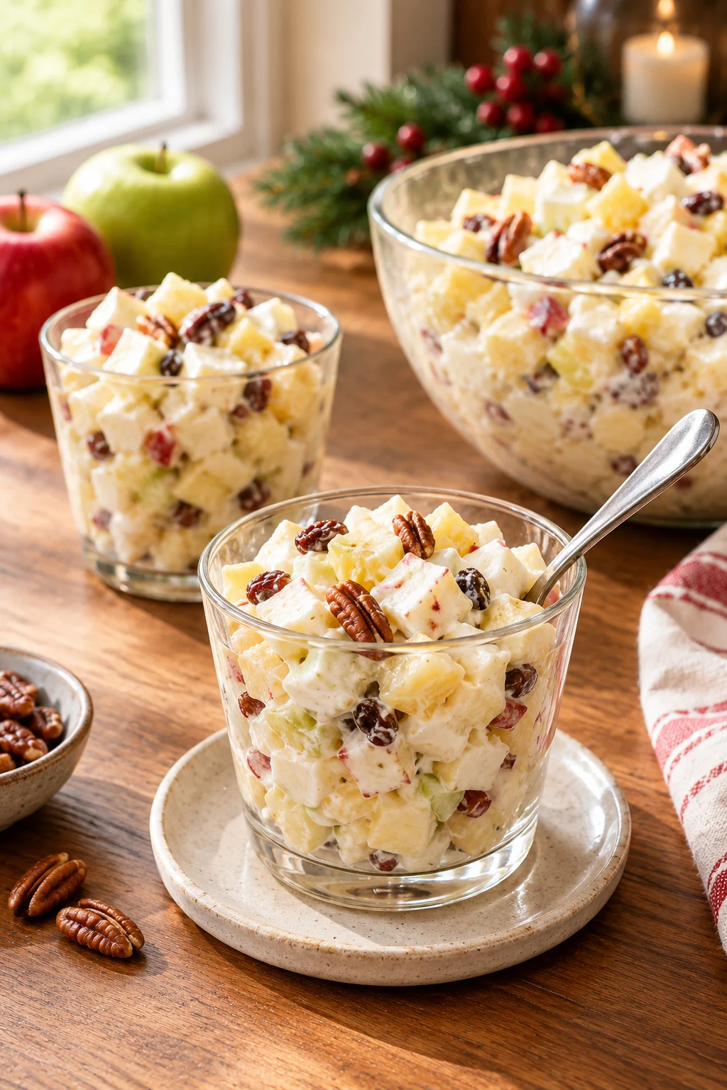 Primer plano de ensalada navideña de manzana en una cuchara con manzana, piña y nueces cremosas con aderezo de crema y yogurt