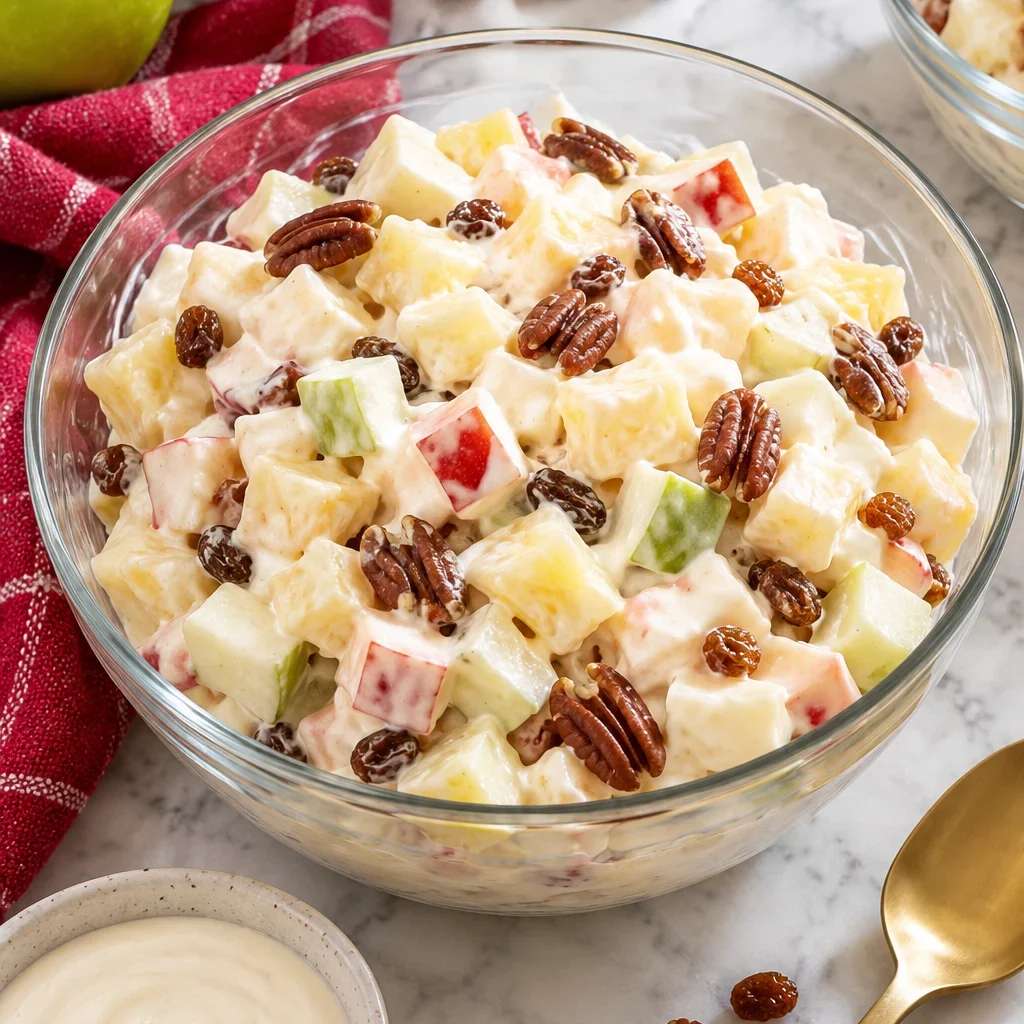 Ensalada navideña de manzana en un bol con manzana, piña, nueces y pasas con aderezo cremoso de crema y yogurt