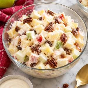 Ensalada navideña de manzana en un bol con manzana, piña, nueces y pasas con aderezo cremoso de crema y yogurt