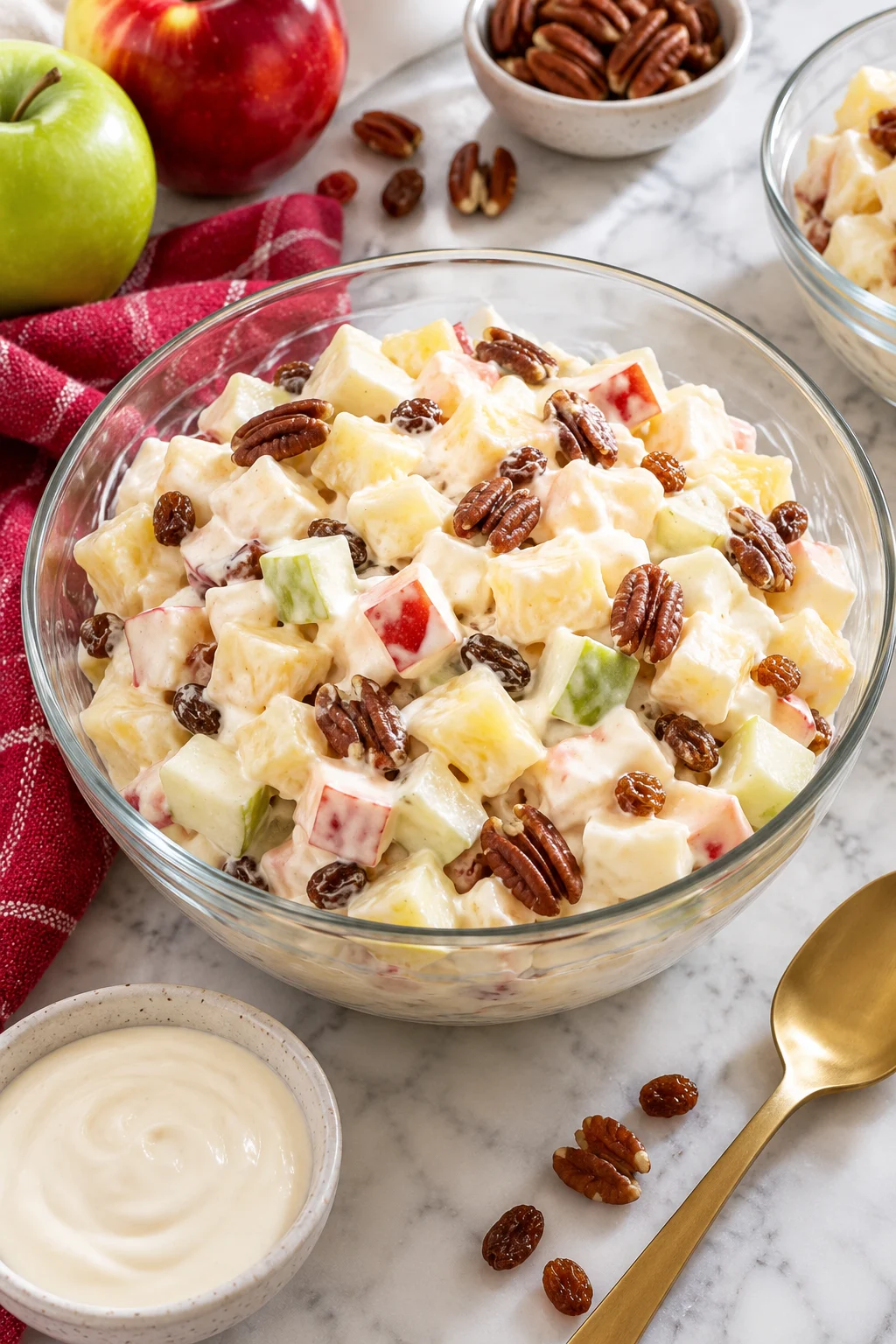 Ensalada navideña de manzana en un bol con manzana, piña, nueces y pasas con aderezo cremoso de crema y yogurt