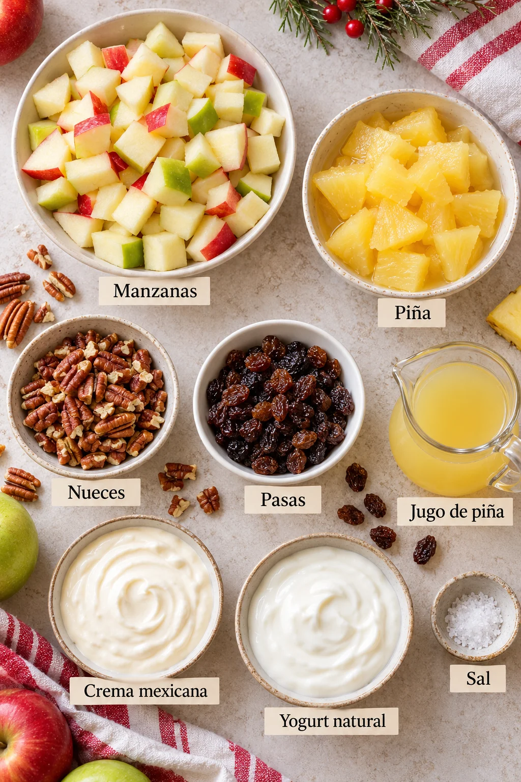 Ingredientes etiquetados para ensalada navideña de manzana en bowls blancos sobre superficie clara