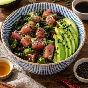 Ensalada de atún fresco con algas wakame y hijiki, aguacate, cebollino y sésamo negro en un cuenco