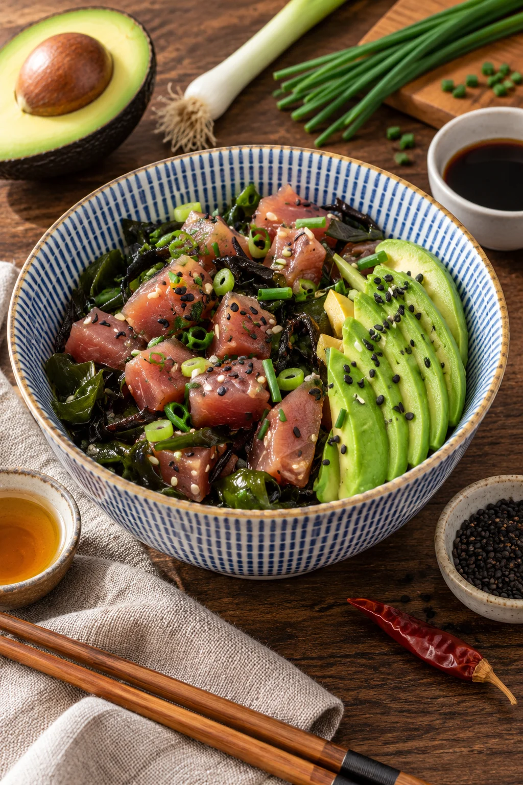Ensaladas semanales con atún fresco, aguacate y algas