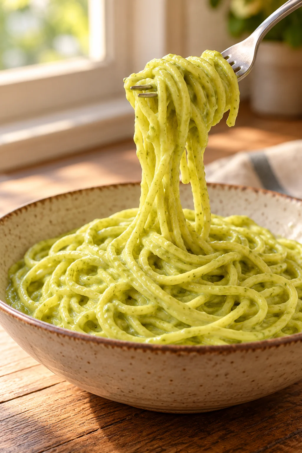 Espagueti verde servido en la mesa