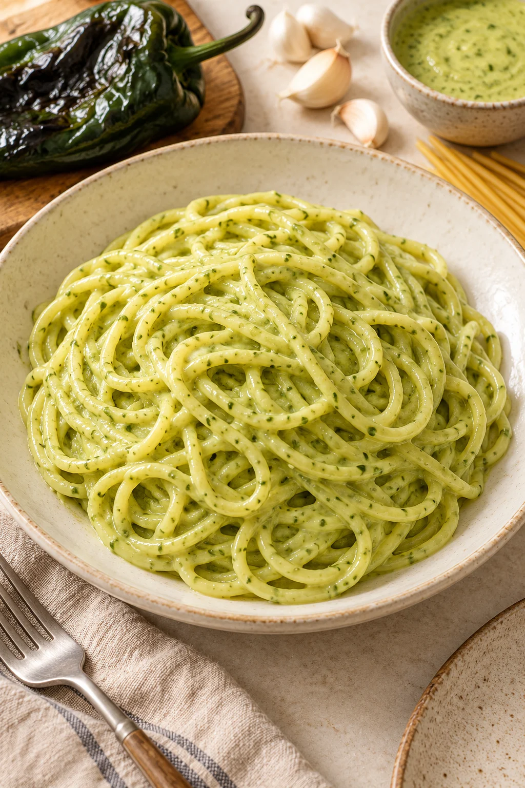 Espagueti verde con salsa de chile poblano