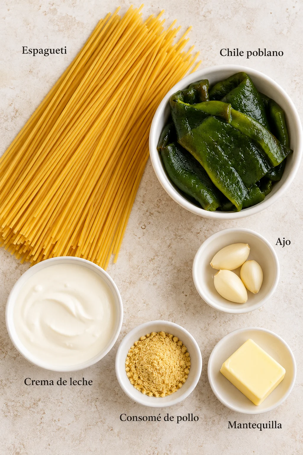 Ingredientes etiquetados para espagueti verde