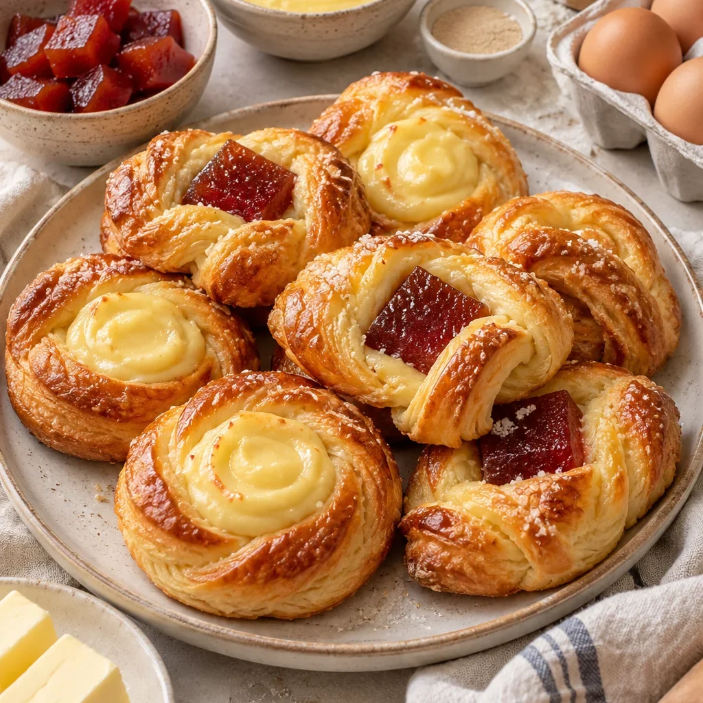 Facturas con crema pastelera y dulce de membrillo recién horneadas