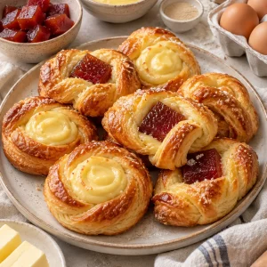 Facturas con crema pastelera y dulce de membrillo recién horneadas