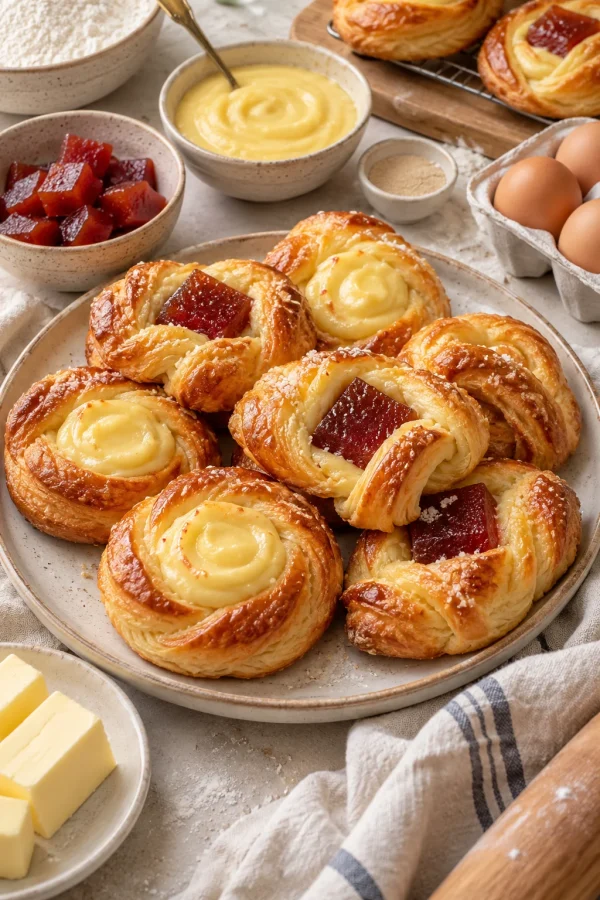 Facturas con crema pastelera y dulce de membrillo recién horneadas