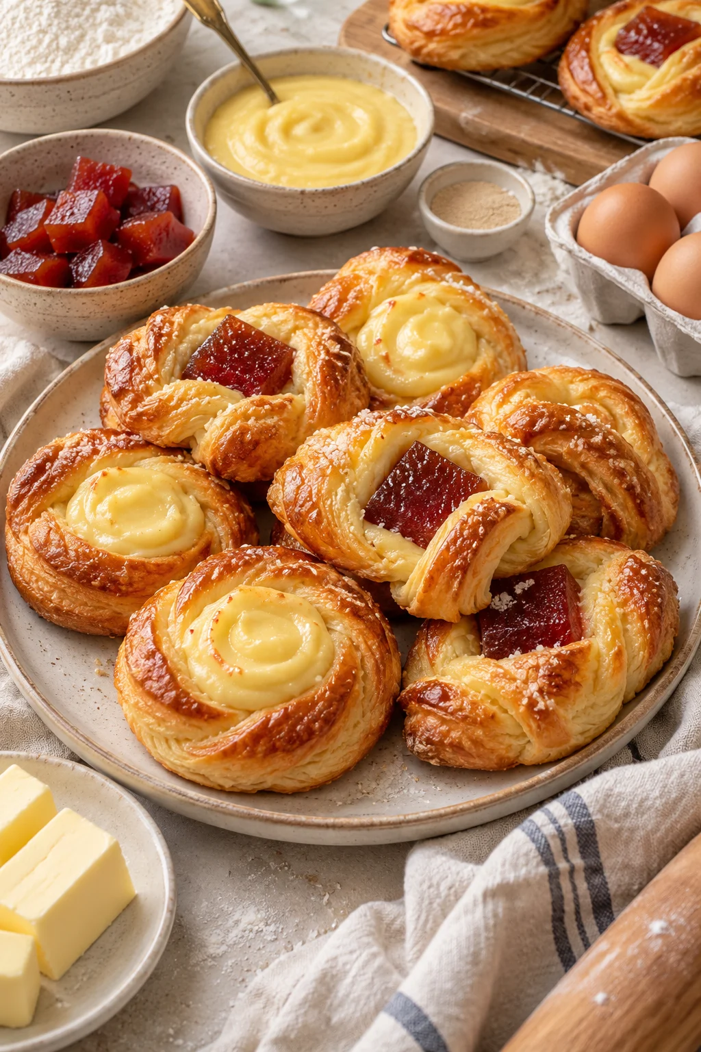 Facturas con crema pastelera y dulce de membrillo recién horneadas