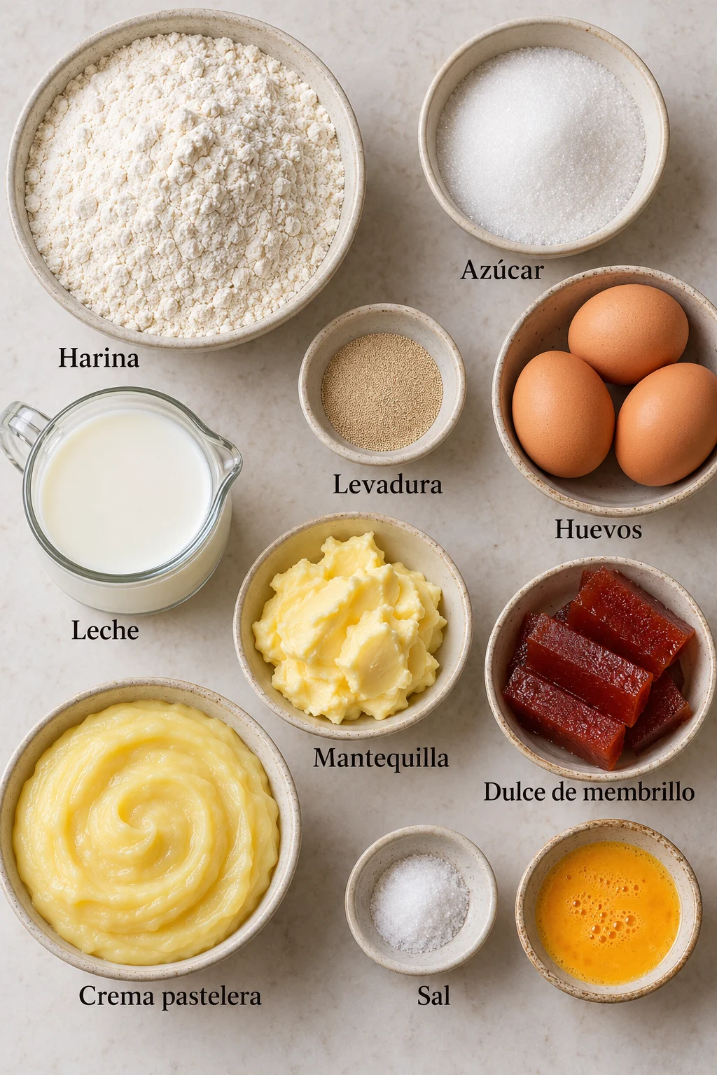 Ingredientes etiquetados para facturas con crema en un plano cenital