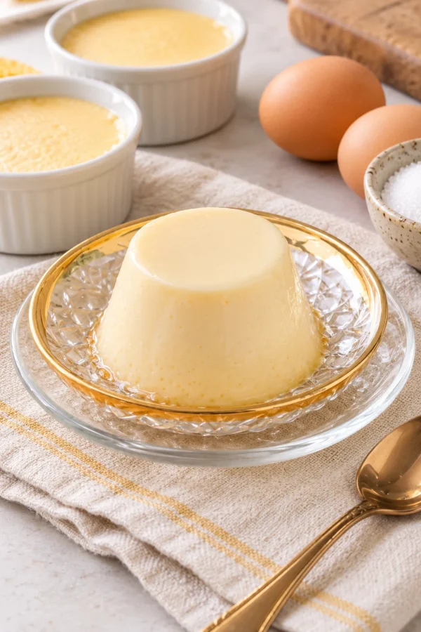 Flan casero con 2 huevos (sin horno) presentado elegantemente.