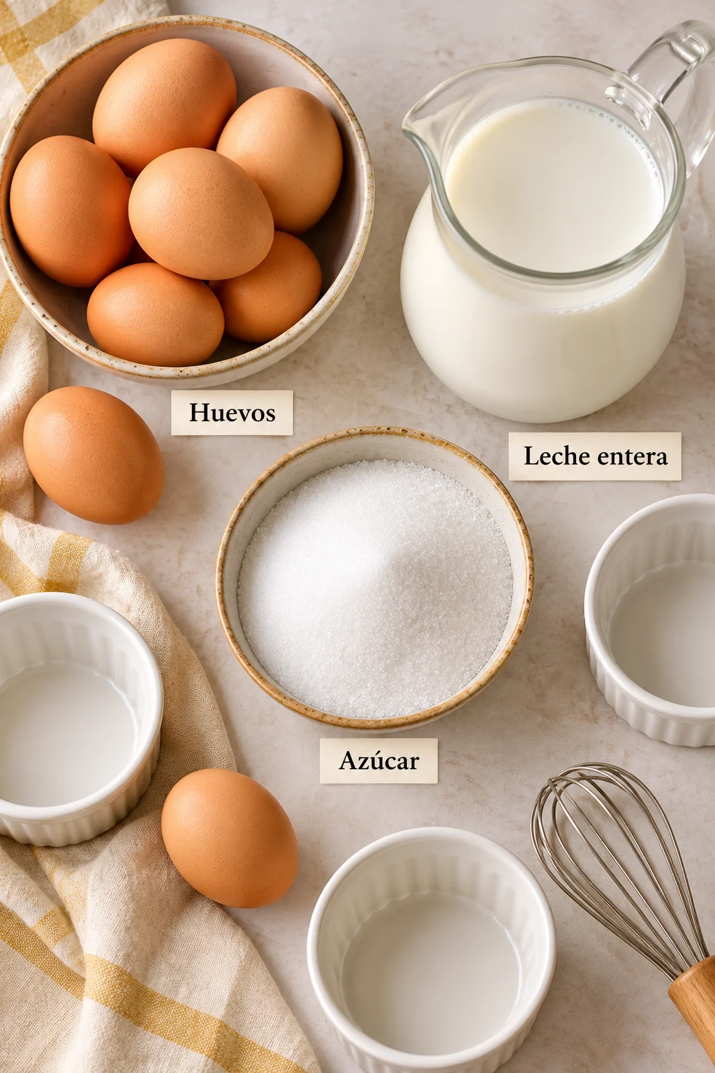 Ingredientes etiquetados para flan casero con 2 huevos (sin horno).