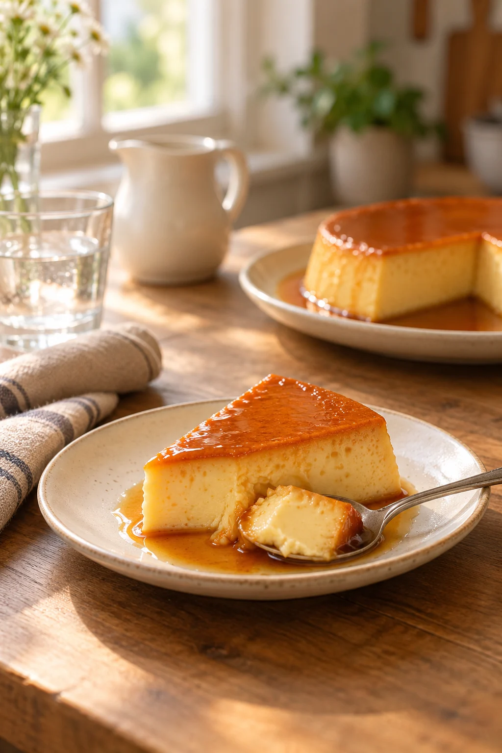 Close-up de flan de caramelo con textura cremosa y caramelo brillante